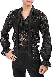 Mens Pirate Vampire Gothic Shirt Rose Shaped Lace Shirt See Through Renaissance Victorian Poet Shirts Medieval Costume