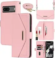 Cavor Crossbody Wallet Case for Google Pixel 7 Case (6.3") Flip Cover Magnetic Leather Women Handbag Card Slots Holder Zipper Kickstand Purse with Detachable Shoulder Necklace Lanyard Strap-Rose