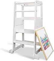 My Duckling Learning Tower, Toddler Tower Kids Kitchen Helper with Step Stool, Kitchen Tower 2 in 1, Adjustable with Drawing Board- White