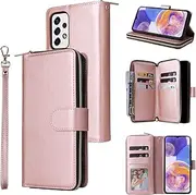 [YocoverTech] for Samsung A23 Case, for Galaxy A23 Wallet Case[9 Card Slots+1 Cash Slot] PU Leather Stand Flip Zipper Wallet Cover[6.6 inch]-Rose Gold
