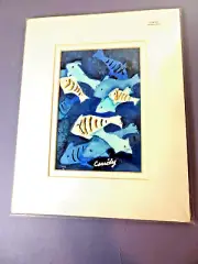 Original Watercolor Blue & White FISH Artist Marilyn Cassidy Venice FL 8 x10 Mat