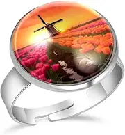 [FVQL] Adjustable Ring for Girls, sunset pattern flower tulips, 1.7cm/0.67inch, Glass, glass
