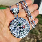 PUERTO RICO FLAG CUBIC ZIRCONIA PENDANT & 6mm CUBAN CHAIN NECKLACE SILVER PLATED