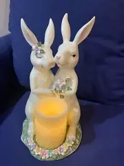 Bunny Rabbit Couple Flameless LED Pillar Candle Easter Figural Candle Holder