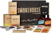 Smokehouse by Thoughtfully, Smoking BBQ Grill Set, Includes 3 Types of Wood Chips, Smoker Box, 2 Sauces and 6 Rubs, Thermometer, Tongs and Grill Guide