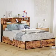 LIKIMIO Queen Bed Frame with 4 Storage Drawers & Bookcase Headboard & Charging Station, Sturdy and No Noise Platform Bed, No Box Spring Needed, Easy Assembly, Vintage Brown