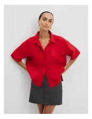 [Country Road] Organically Grown Linen Short Sleeve Shirt in Cherry