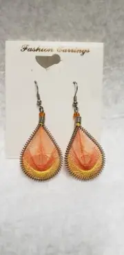 Orange And Yellow String Art Pierced Earrings, Vintage
