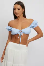 Blue Check Crop Top Short Sleeve Tie Front - Size 8XS, Women's Crop Top