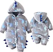 [Yaopelky] Newborn Baby Dinosaur Snowsuit Infant One Piece Hooded Jumpsuit Toddler Cartoon Romper Winter Warm Fleece Outfit