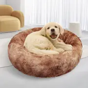Comfy Round Plush Pet Bed Warm Soft Nest Non-Slip Base for Cats Dogs Sleep Cave Brown M:90x90x20cm