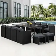 ALFORDSON Outdoor Dining Set Patio Furniture 13pcs Conversation Set, Wicker 13 Pieces Lounge Chair & Glass Top Table Setting, Steel Frame Garden Rattan Armchair with Cushions, Black