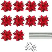 Bluejunior Christmas Tree Decorations, 10pcs Christmas Flowers Artificial with Clip Poinsettia Flowers Decorations with Clips Stems Glitter for Xmas Wedding Party Wreath Decorations (Red)