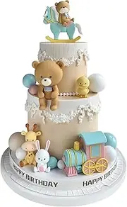 15Pcs Bear Cake Toppers - Cute Mini Animal Characters Figure for Cake Decorations Bear Figurines with Train & Pearl Balls DIY Cake Toppers for Boy Girl Baby Shower Birthday Party Supplies (Colorful)