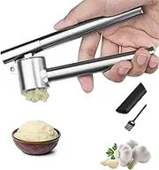Garlic Press Garlic Mincer & Crusher Stainless Steel Garlic Press Set for Kitchen with Brush & Peeler, Kitchen for Garlic, Garlic Presser Easy to Clean Easy Squeeze Rust Proof (Medium - Set)