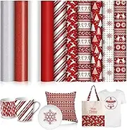Whaline 10 Sheet Christmas Heat Transfer Vinyl Red White Xmas Tree Snowflake Printed Iron on HTV 10 x 12in Glitter Classic Red Adhesive Vinyl Bundle for Xmas T-Shirts DIY Fabrics Craft Supplies
