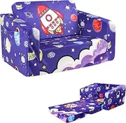 GFU Kids Sofa, 2-in-1 Fold Out Soft Toddler Couch, Convertible to Toddler Bed, Comfy Purple Kids Lounge Chair with Side Pocket Suitable for Playroom and Bedroom, Rocket