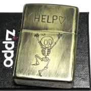 Zippo Funny Skull Help Gold Used Finish Regular Case Brass Oil Lighter Japan