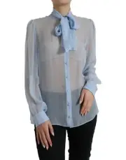 Dolce&Gabbana Women Light Blue Blouse 100% Silk Ascot Collar Formal Shirt IT 46