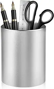 LeoLeoyy Retro-Modern Pen Holder, Silver Aluminium Alloy, 3.9x3.14inch, 20 Pens Capacity (Silver)