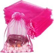 HRX Package Hot Pink Organza Bags 100pcs, 5 x 7 inch Mesh Drawstring Gift Bags J