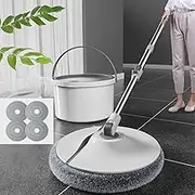 XCJump Floor Mop and Bucket with Wringer Set, Hands-Free Round Dust Mop, Stainless Steel Handle, 4 Washable and Reusable Microfiber Pads, Wet and Dry Use, for Floors and Windows (White)