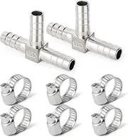 TAISHER 2PCS 304 Stainless Steel 1/2" x 1/2" x 1/2" Hose Barb Fittings，3 Way Tee T Shape Joint Splicer Mender Fitting Union for Fuel/AIR/Lquid/Gas with 6PCS Hose Clamp