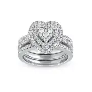 10K White Gold 1Ct Diamond Heart Shape Cluster Double Halo Engagement Ring Set
