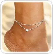 [ESHIONER] Anklet for Women Ankle Bracelets Silver Ankle Chains Double Layer Adjustable Anklet Heart Foot Beach Beaded Summer Bracelets Waterproof Multilayer Jewellery Anklets for Women and Girls