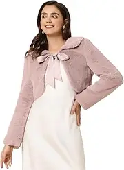 [Allegra K] Women's Elegant Faux Fur Shrug Peter Pan Collar Bow Tie Open Front Fluffy Cropped Jacket