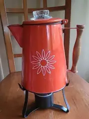 VTG Country Cookery Enamel Coffee Maker Percolator & stand #6671 ORANGE Unused