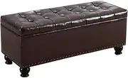 Safety Folding Storage PU Sofa Stool Toy Storage Box with flip Solid Wood Shoe Bench Suitable for Bedroom, Living Room Bearing Weight 150kg 80x40x42cm Ottomans (Color : Brown) (Brown)