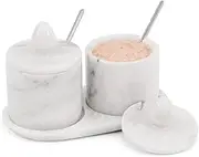 Marble Salt Cellar with Lid 3.5 Inch White Handcrafted Container with Spoon & Tray, Decorative Set of 2 Salt and Pepper Bowl for Kitchen Countertop, Spices, Sugar, Herbs & Seasoning Storage