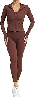 [DSAoTeng] Women's Seamless High Waist Leggings Sports Bra Zip Jacket 3 Piece Sets-High Waist Tummy Control Activewear for Yoga Gym (Brown,S), Brown, S