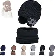 [HOBIVA] Children's Winter Fleece Scarf Suit,Kids Winter Warm Knit Beanie Cap with Fleece Linin Scarf Set (Black,OneSize)