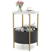 Costway 2-Tier Round Sofa Side End Table w/Storage Basket Metal Frame Accent Coffee Table Nightstand White