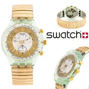 Mint 1993 Swatch Chrono GOLDEN GLOBE SCG100 Steel Bracelet Collectors Watch RARE