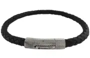 Mens Silver Black Leather Weave Braid Rope Stainless Steel 316L Bracelet 8"