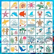 36PCS Reusable Ocean Creatures Stencils, Sea Animal PET Template, DIY Craft Paint Stencil with Metal Open Ring, for Painting on Floor Wall Wood Paper Fabric Furniture, 5.1x5.1 Inches