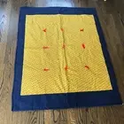 Handmade Throw Blanket 34x44" Yellow Pattern Blue Trim White Back Red Yarn Ties