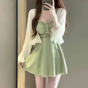 Set: Spaghetti Strap Plain Ruffle Cutout Swim Dress + Cover Up Light Green - S