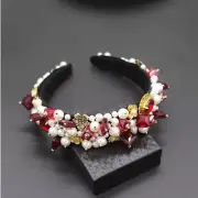 LUXURY HANDMADE RED RHINESTONE BLACK HEADBAND WITH GOLD FLOWERS/WHITE PEARLS