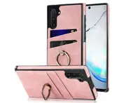 Full Protection Cover for Samsung Galaxy Note 10, 2 Cards PU Leather Case with Ring Holder - Pink