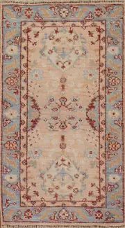 Vegetable Dye Oushak Turkish Accent Rug 2x4 Peach/ Light Blue Handmade Foyer Rug