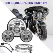 For Harley Davidson Road King Chrome 7"LED Headlights + 4.5" Fog Passing Lights