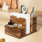 Wood Condiment Serving Caddy Desktop Tissue Holder Box for Household Cutlery