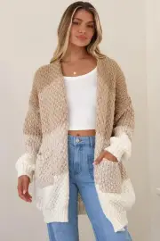 Welles Cardigan - Open Front Colour Block Knit Cardigan with Pockets in Camel