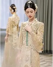 [JIMINISO] Chinese Wedding Dress Summer Pavilion Bride Evening Party Dress Pearl Fringe Luxury Tang Suit Sets Golden Skirt Xiuhe