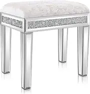 [VINGLI] Mirrored Vanity Stool with Storage, Upholstered Velvet Ottoman, Makeup Dressing Table Bench with Sparking Diamonds, Silver