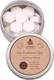 SuperBee Dentos Toothpaste Tablets, 14 Toothpaste Tabs, Fluoride Free & Eco Friendly, Travel Mouthwash Tablets, Sensitive Toothpaste Bites Kids Adults, Chewable Toothpaste Tablet, Spearmint